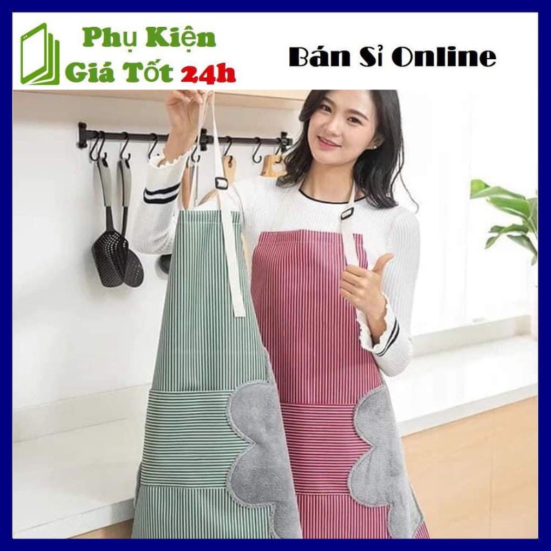 Tạp Dề Nấu Ăn Kẻ Sọc Chống Thấm Nước, Có Túi Đựng, Kèm Chỗ Lau Tay Tiện Dụng