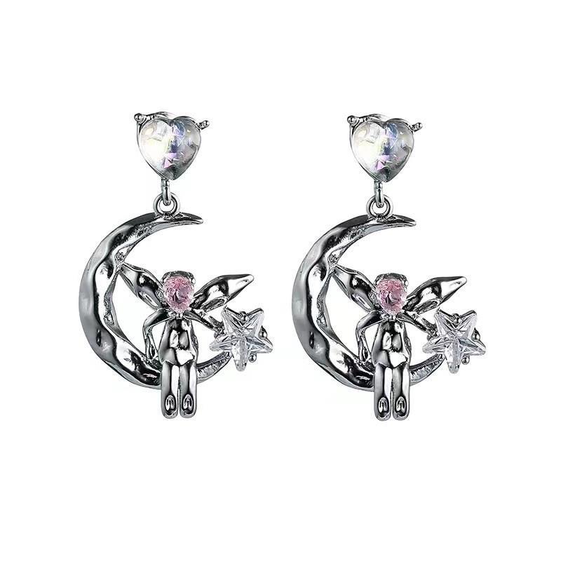 Love Zircon Star Stud Earrings Women's New Earrings Explosive Summer Earrings Fashion Personality Niche Design Moon Elf Earrings Women
