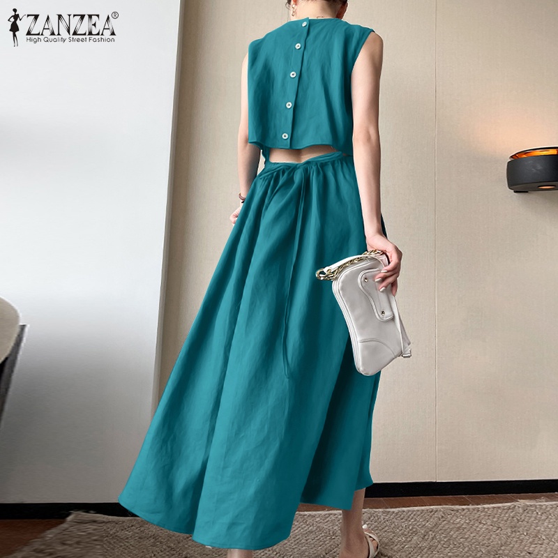Đầm dài ZANZEA không tay cổ tròn phối dây rút thanh lịch thời trang cho nữ