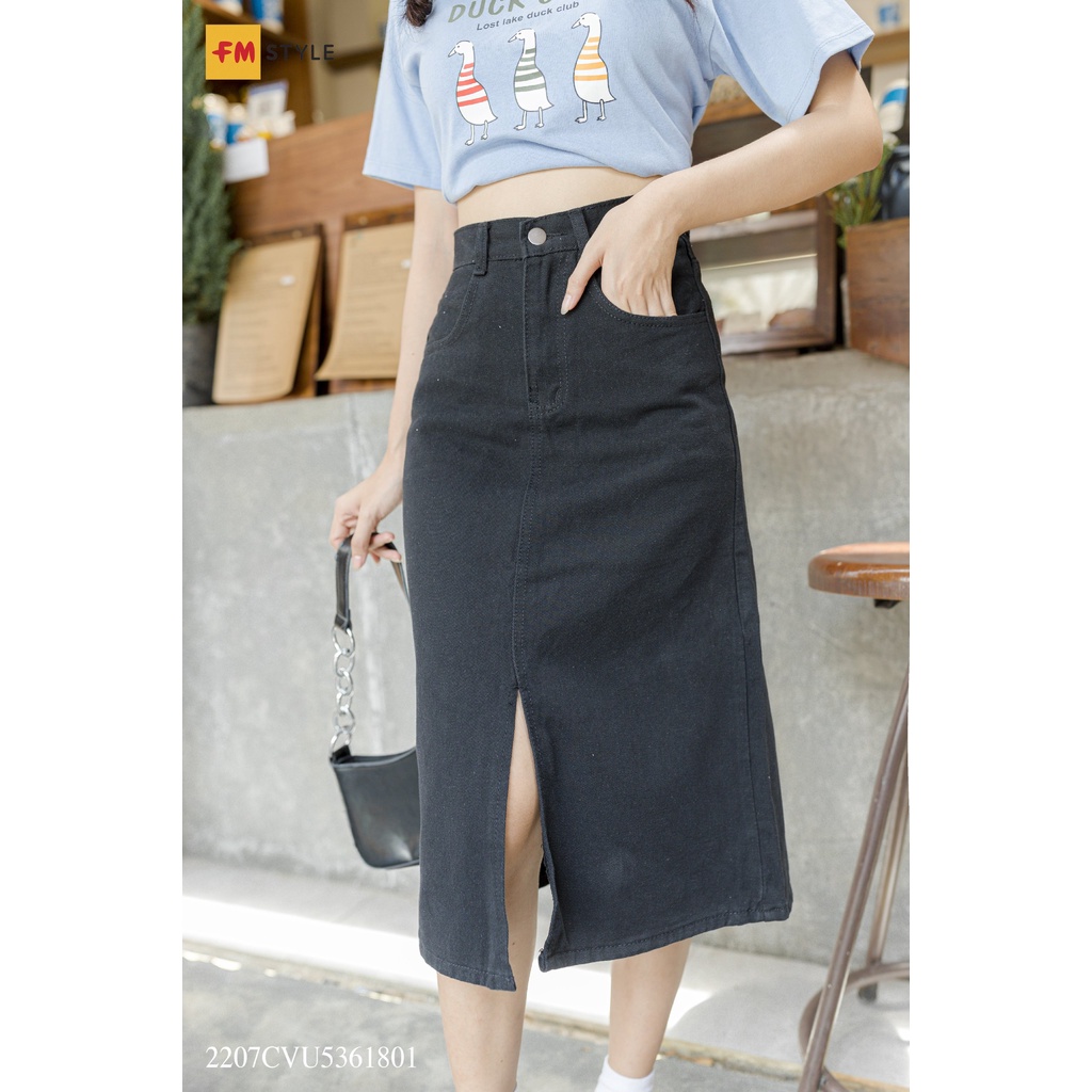 Chân váy jean midi FM STYLE lưng cao xẻ tà dáng a chất jean dày dặn trơn basic thời trang ulzzang 207180044