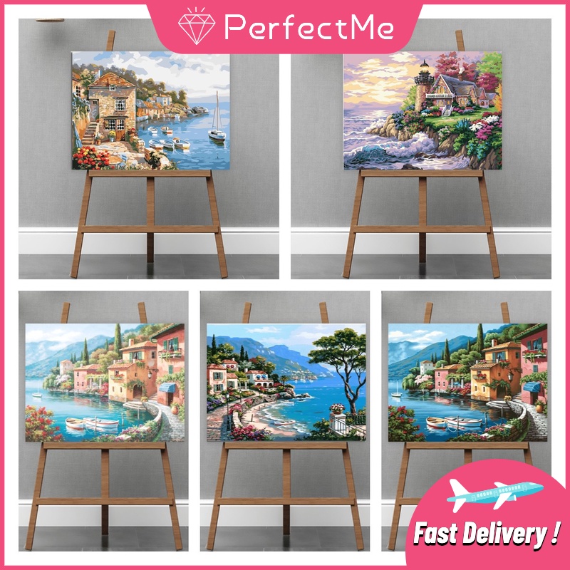 Bộ tranh sơn dầu 40x50cm tự làm họa tiết phong cảnh cảng và con thuyền độc đáo