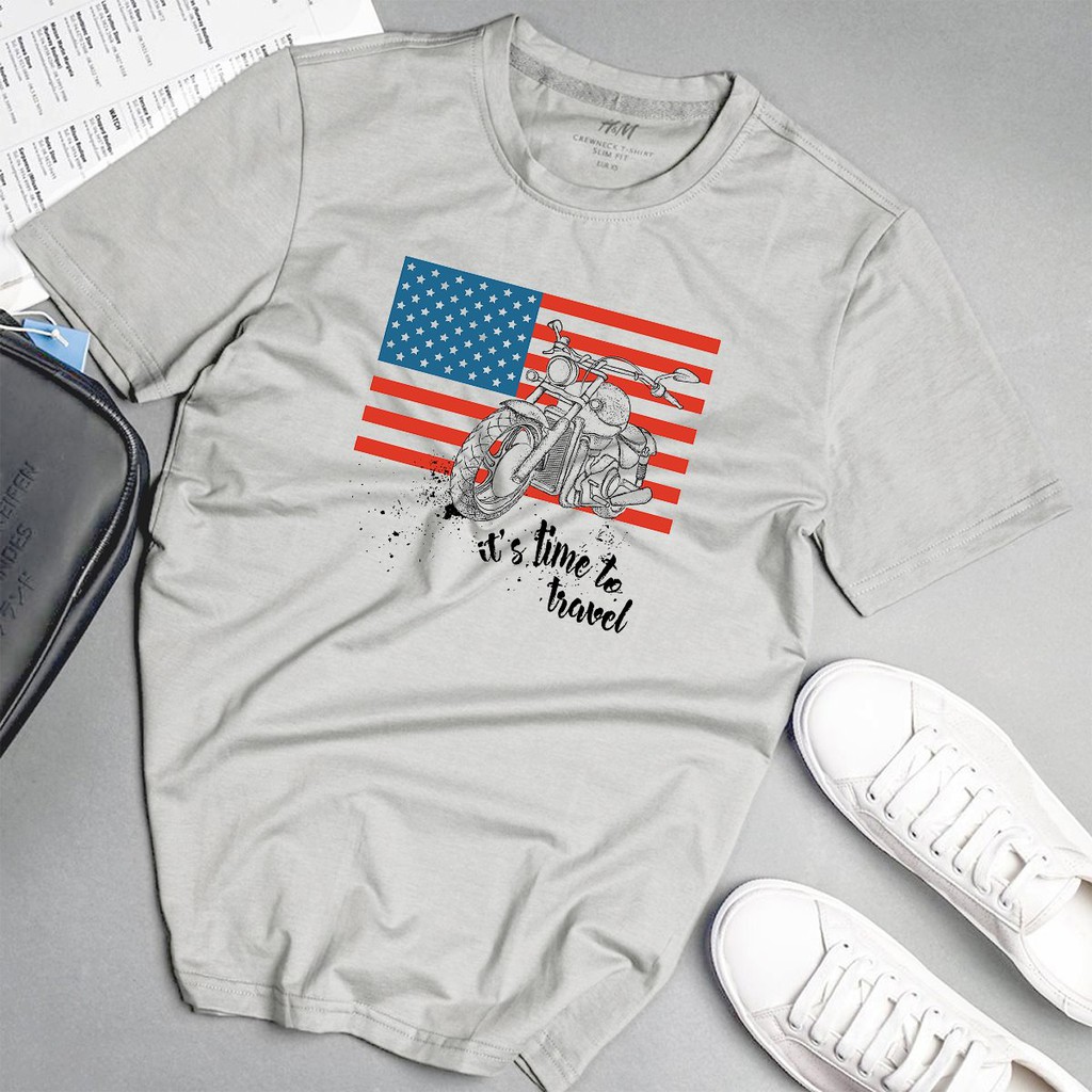 Áo phông nam cờ mỹ và xe phong cách unisex màu xám