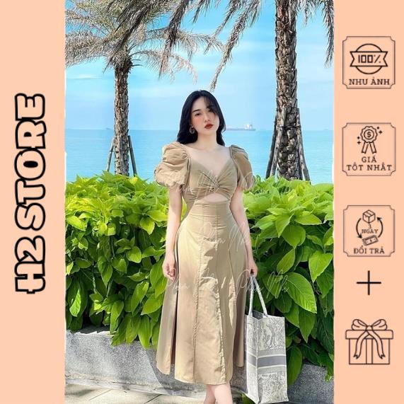 Váy xoắn ngực li dọc tay bồng hot hit