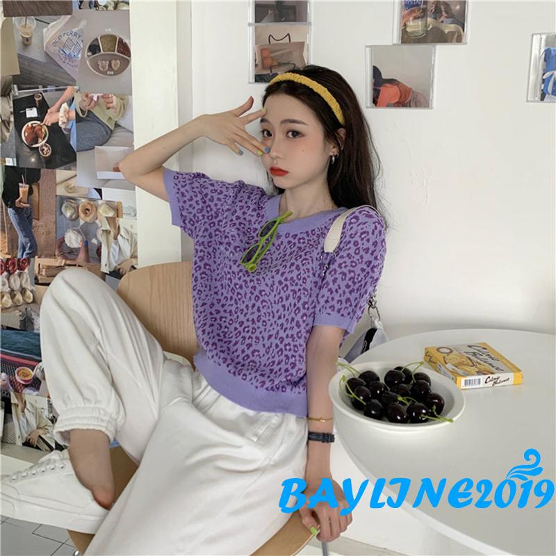 Áo Thun Nữ Ngắn Tay Họa Tiết Da Báo Màu Tím / Hồng / Kaki