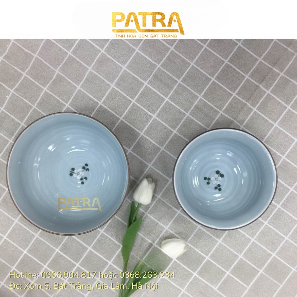 Bát tô sứ, tô canh sứ Bát Tràng cao cấp men lam ngọc vẽ hoa anh đào trắng