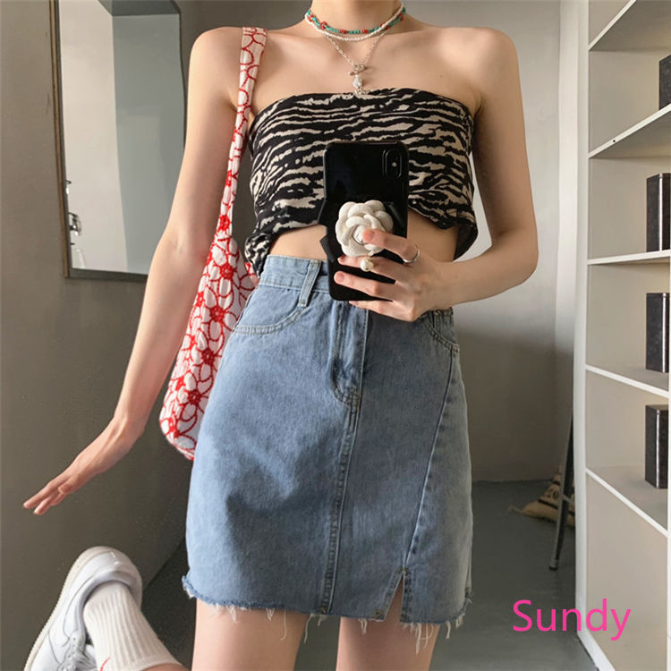 Chân váy jeans chữ A eo cao phối xẻ tà thời trang Hàn Quốc sành điệu trẻ trung