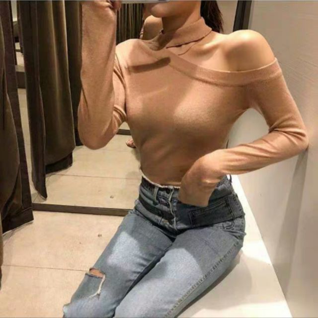 (SẴN ĐEN)✨ Áo len tăm body dài tay kiểu cut-out lệch vai chocker nữ tính sành điệu (Ms A1) | BigBuy360 - bigbuy360.vn