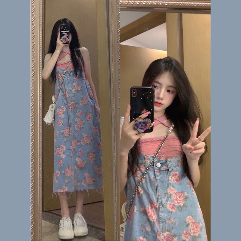 Jiashucheng Xiaoxiangfeng Đầm Hai Dây Denim Mỏng Họa Tiết Hoa Ngọt Ngào Xinh Xắn Cho Nữ