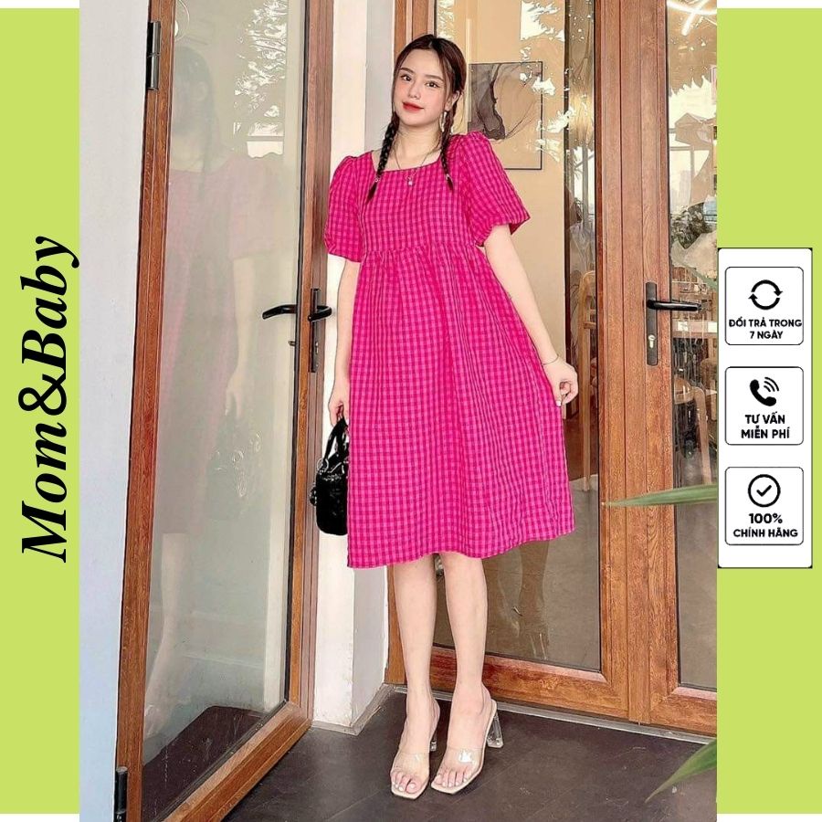 Đầm Bầu Váy Bầu Kẻ Caro Cổ Vuông Công Sở Xinh Xắn Có Dây Lưng Thiết Kế Đẹp M586 Mom and Baby