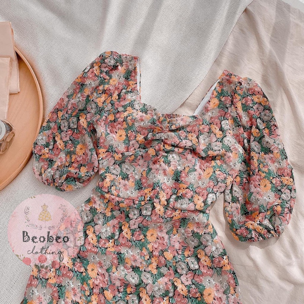 Đầm voan hoa chân bèo tay bo phồng thắt nơ vintage