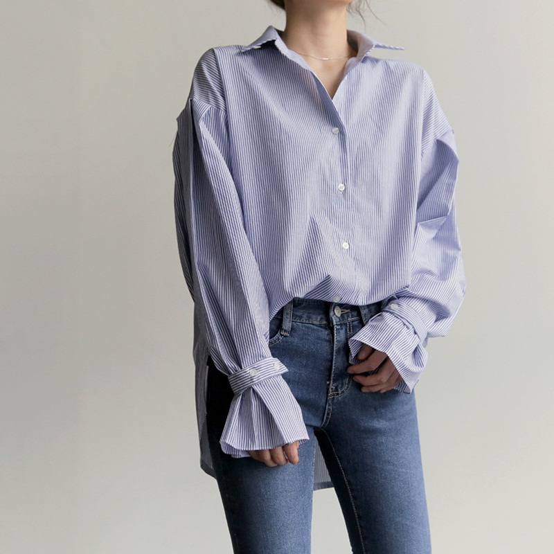 Áo sơ mi FONKEN tay phồng kẻ sọc phong cách Hàn Quốc cho nữ