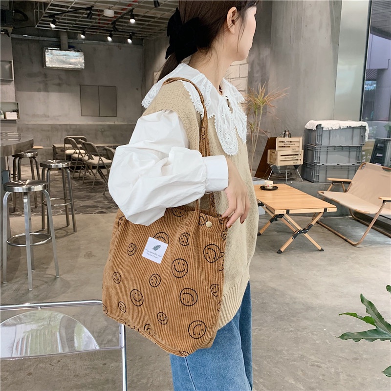 Túi Tote Đeo Vai Chất Vải Nhung Gân Tăm Mặt Cười 2 Lớp LT2111