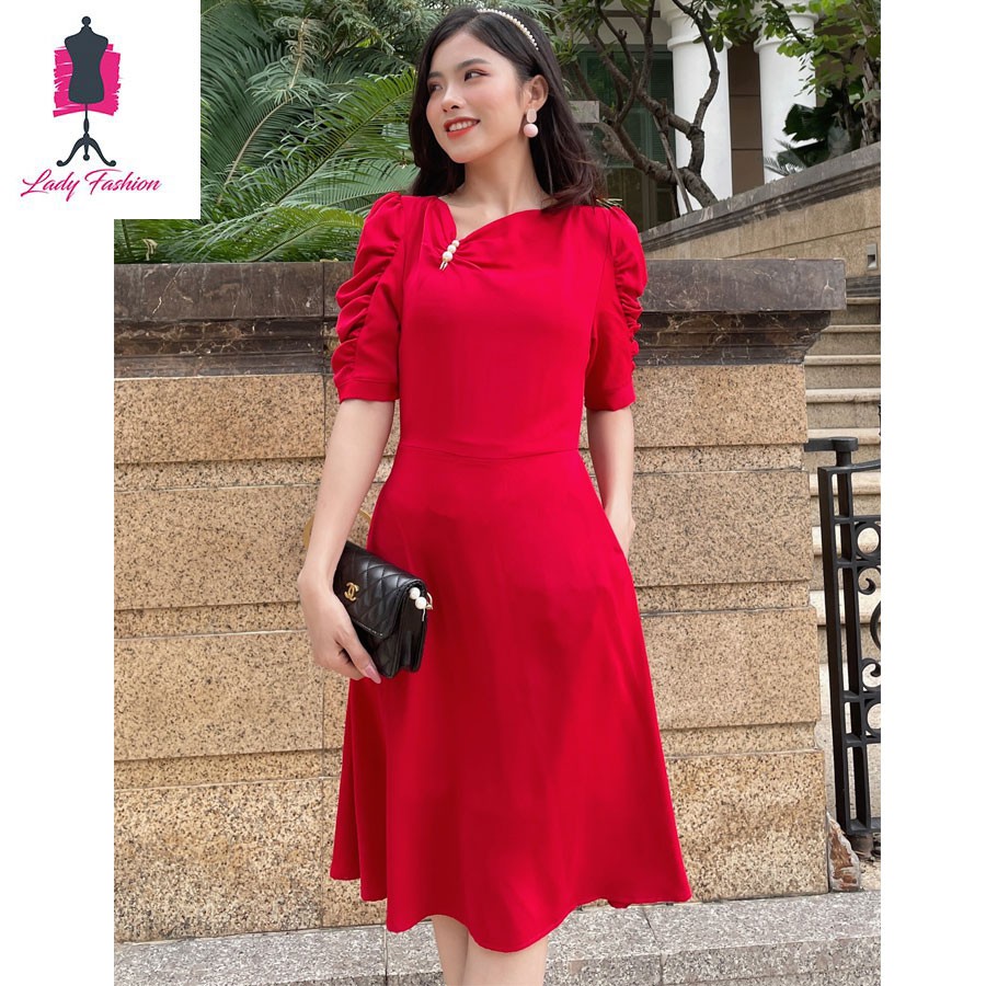 Đầm suôn cổ đỗ phối ngọc trai sang trọng-DAM20