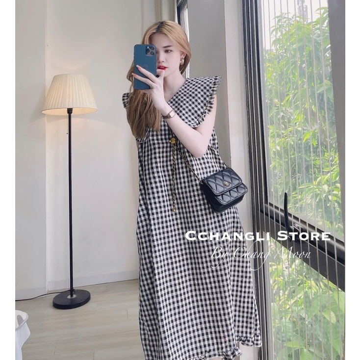 Váy Kẻ Suông Sát Nách Cổ Bèo V 6 Màu Siêu Xinh