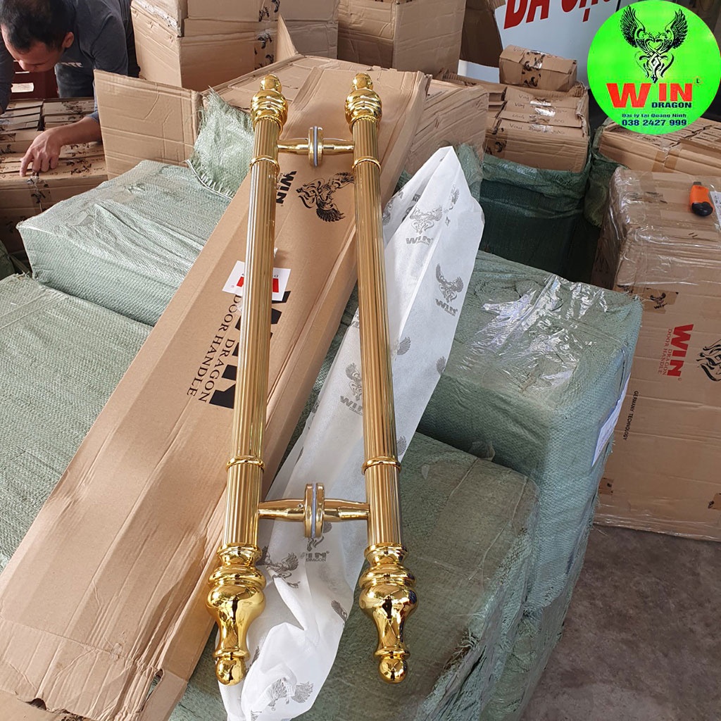 Tay nắm cửa kính cường lực,inox mạ vàng đầu bi,Tay cầm cửa chính