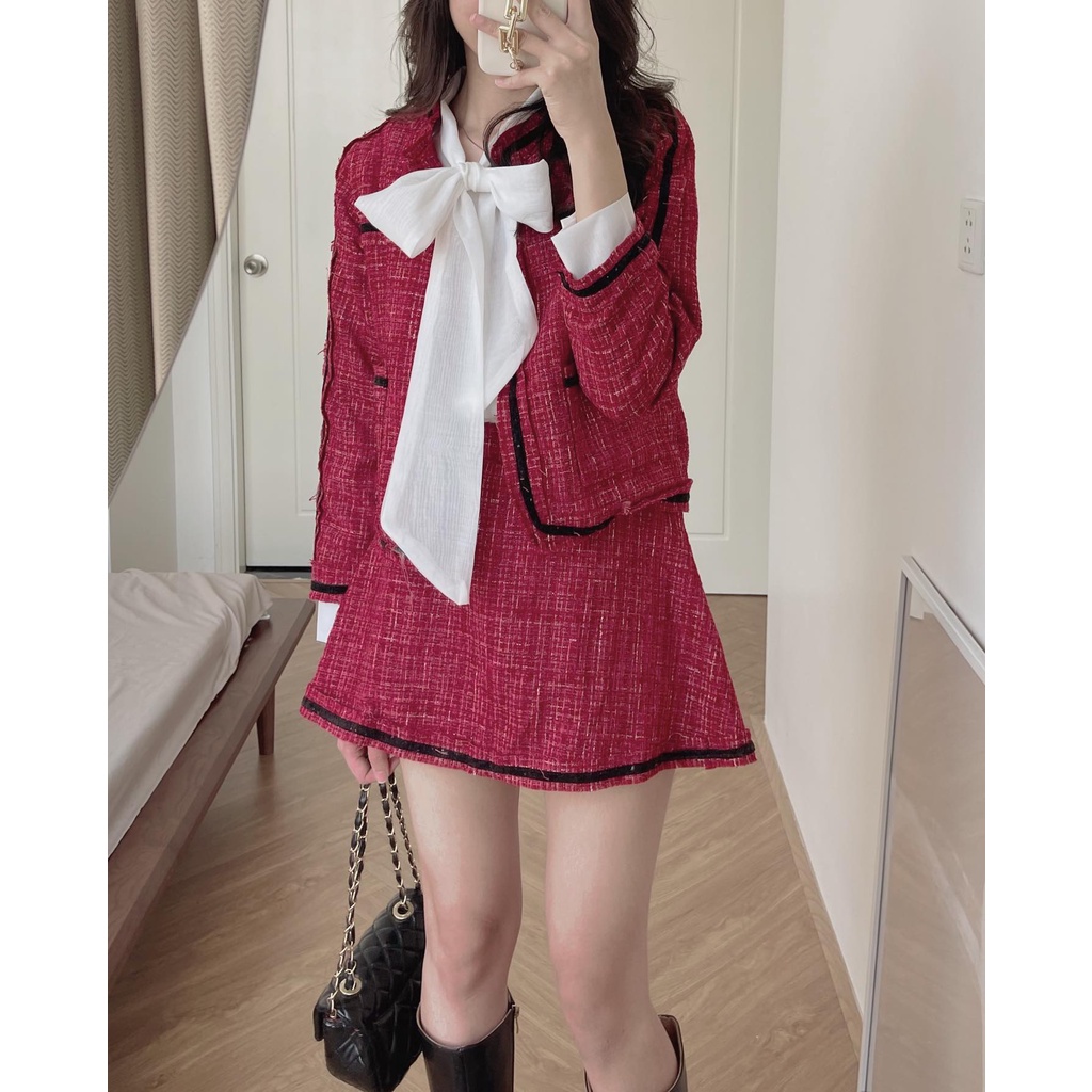 (ảnh thật) Audrey Set dạ tweed chạy viền áo khoác mix chân váy chữ A 7765 | BigBuy360 - bigbuy360.vn