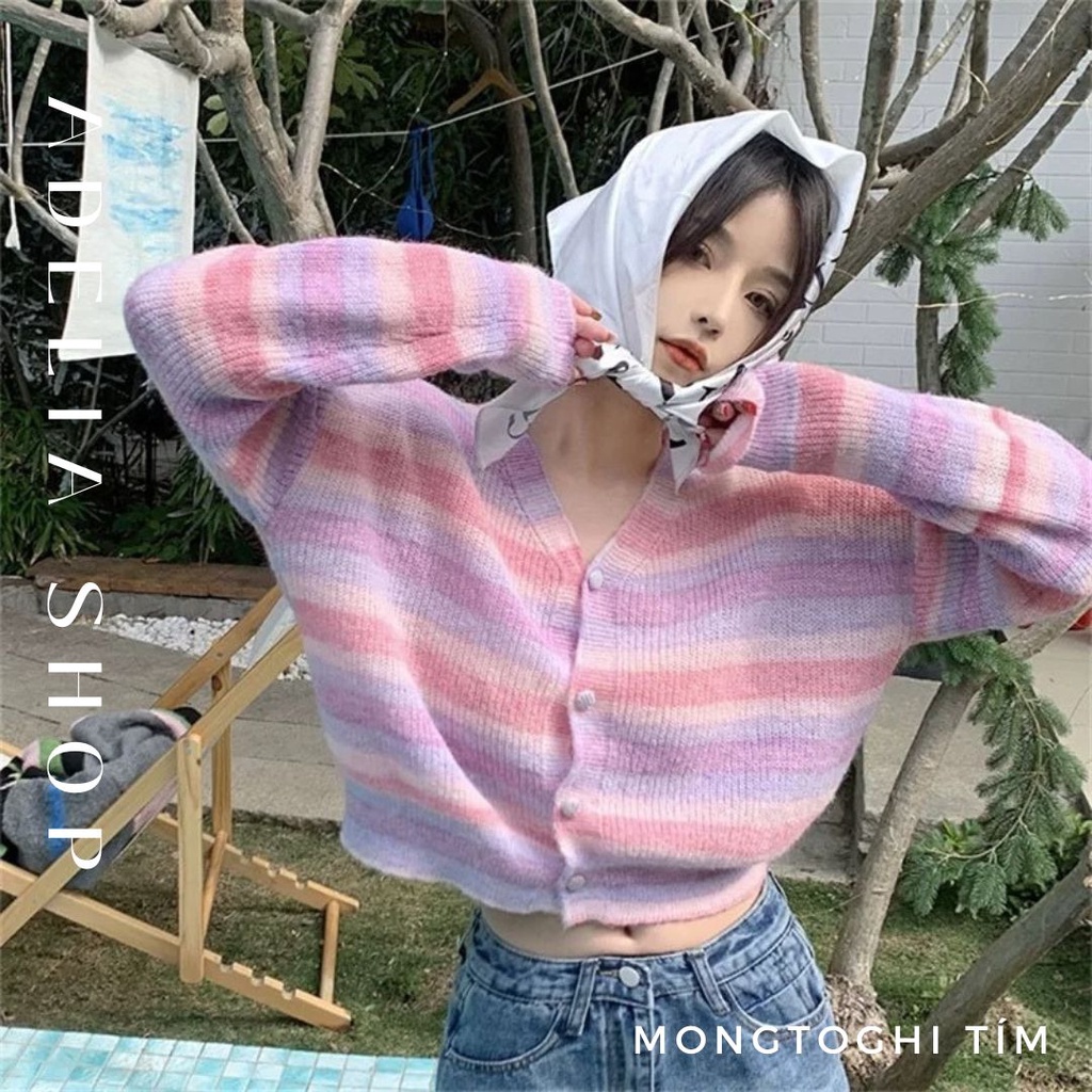 Mongtoghi Cầu Vồng | Áo Khoác Len Cardigan Dệt Kim Mỏng Cổ V Dài Tay Màu Cầu Vồng Ngọt Ngào Dành Cho Nữ, Áo Mongtoghi