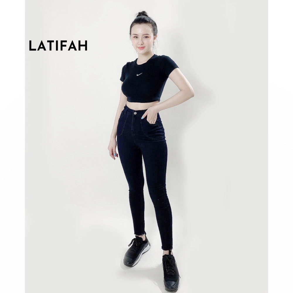 Quần dài jeans nữ co giãn LATIFAH cạp siêu cao đắp 2 túi tròn QD003