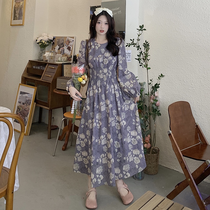 Đầm maxi SUXI tay dài hoạ tiết hoa màu tím phong cách vintage