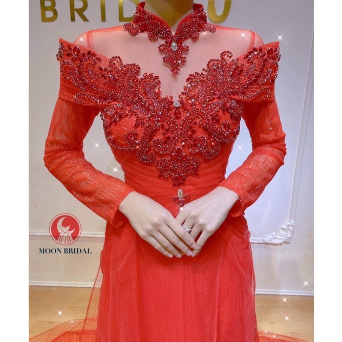 Áo dài cưới cô dâu cao cấp tà lê kết đá