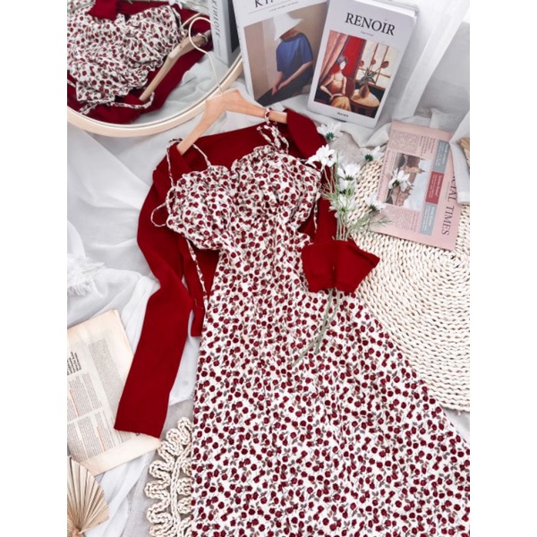 Set váy nữ VAYO Đầm 2 dây nữ hoa nhí dáng dài xòe đỏ và áo khoác cardigan croptop dài tay vải len mềm mịn đẹp thời trang