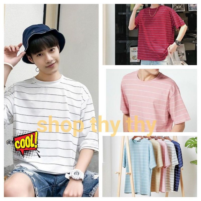 Áo thun tay lỡ unisex form rộng viền sọc ngang có video ảnh thật