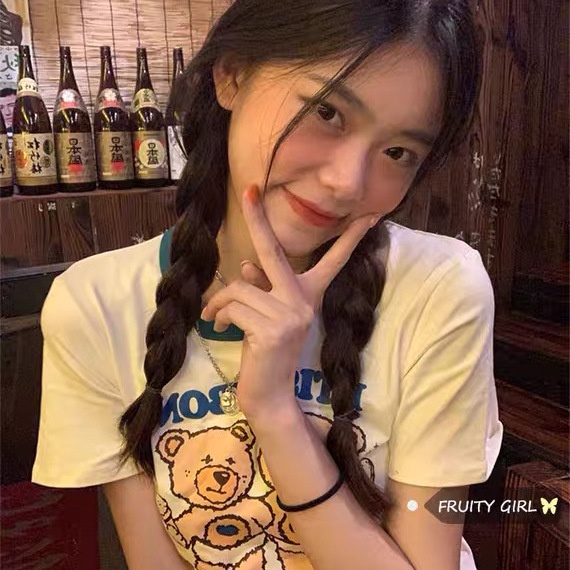 Áo Thun Crop Top Tay Ngắn Vải Cotton In Hình Gấu Thời Trang 2022 Cho Nữ