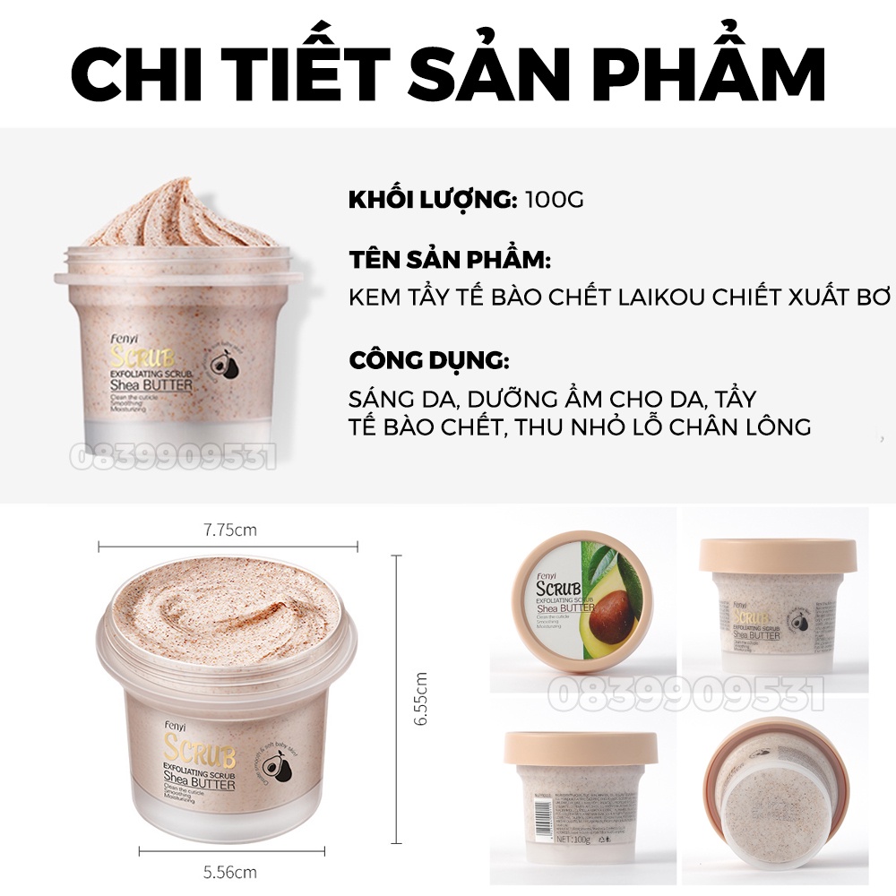 Kem tẩy tế bào chết LAIKOU 100g toàn thân tẩy da chết dịu nhẹ chiết suất bơ chống cellulite dưỡng ẩm làm trắng da Zentop