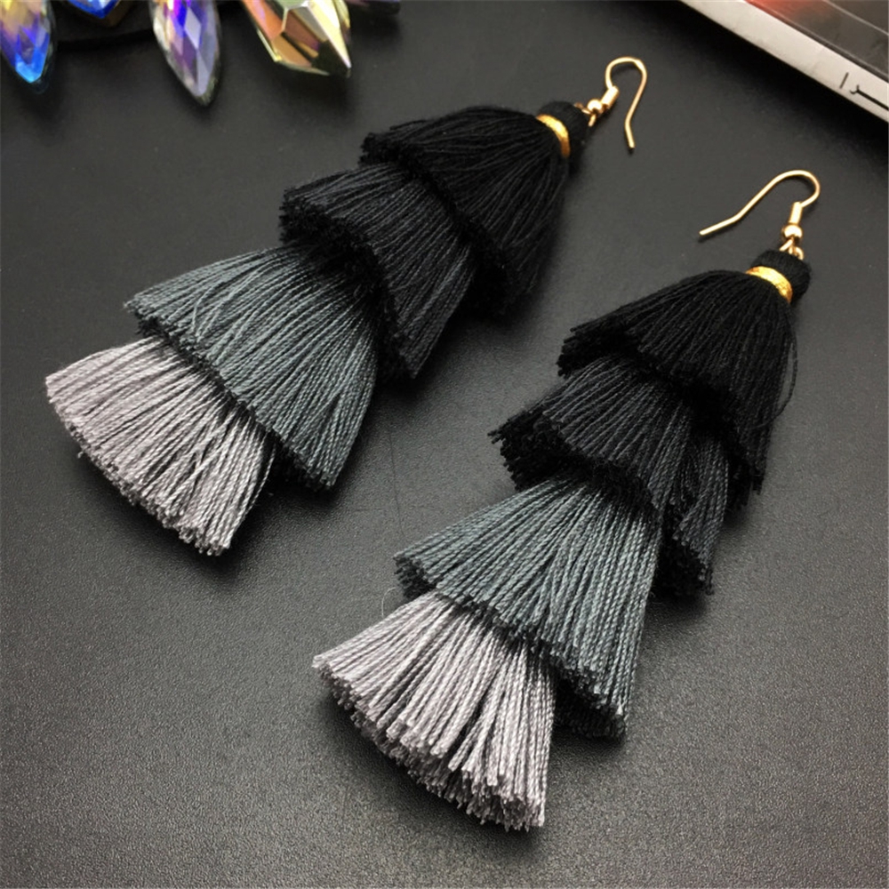 MOILY 1 pair Boho Gradient Silk Fabric Ethnic Ear Stud Long Tassel Earrings