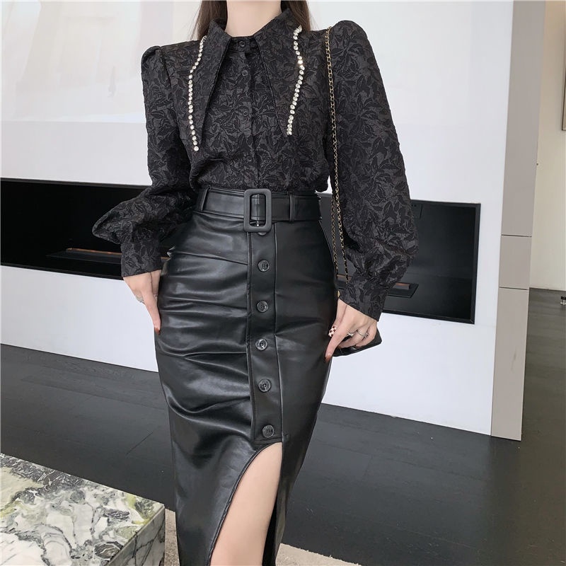 Áo sơ mi dài tay cổ nhọn đính đá phong cách Hàn Quốc cho nữ