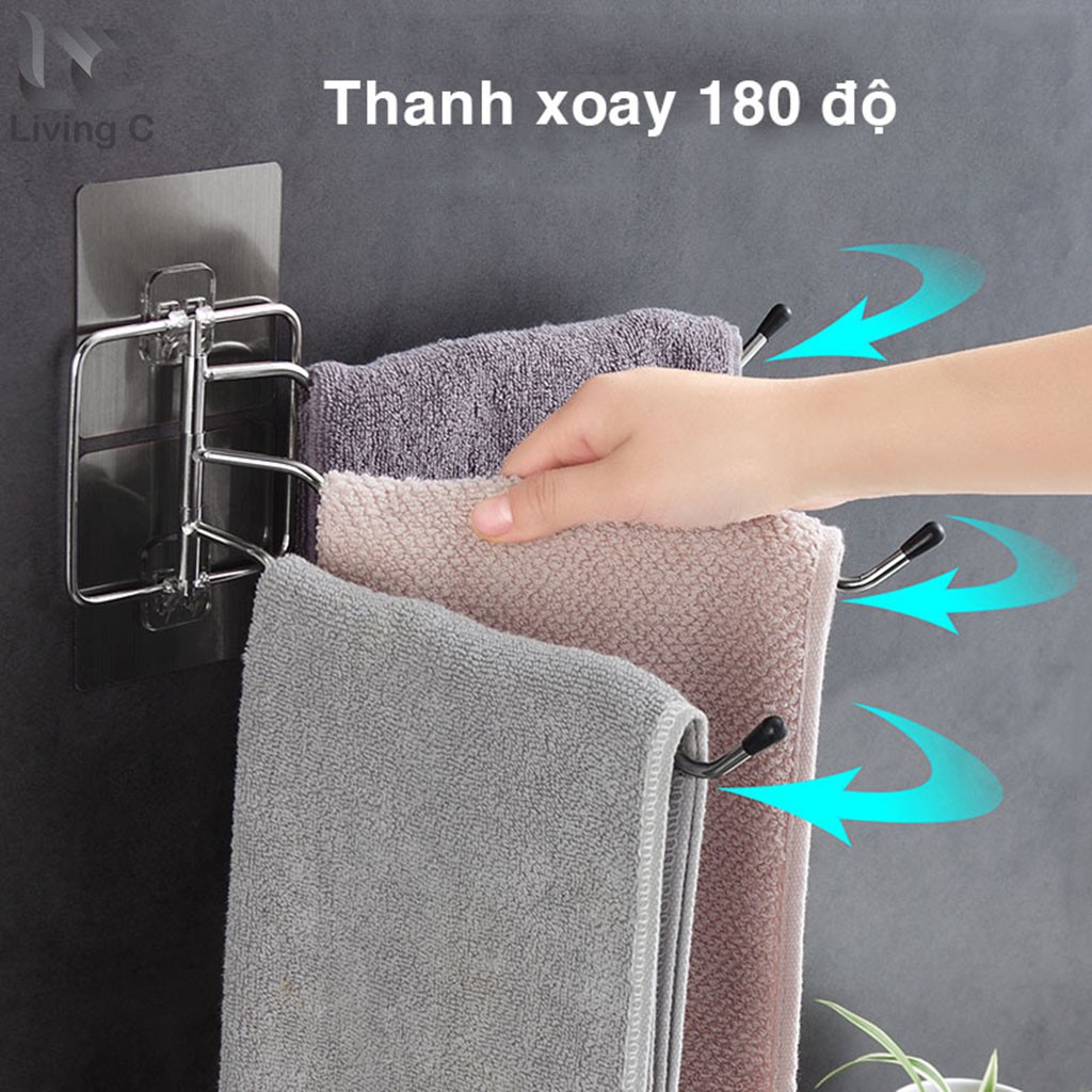 Kệ treo khăn nhà tắm Living C , giá kệ treo khăn 3 thanh Inox xoay 180 độ dày 5 ly cao cấp dán tường _K136