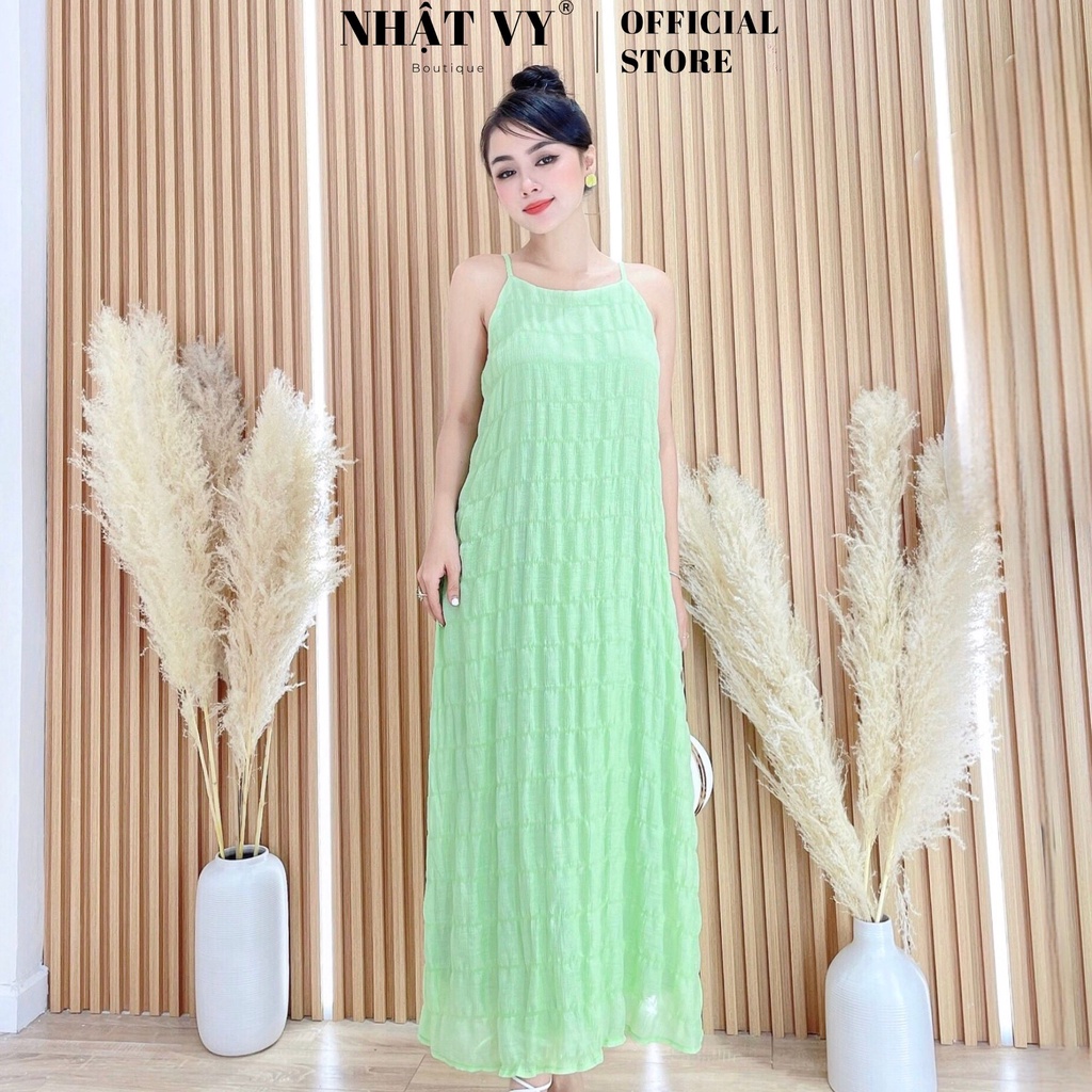 Váy Nữ NHẬT VY 2 Dây Maxi Tay Ngắn Cổ Yếm Chất Tơ Tằm Nhún Màu X Cốm, X Đá, Nâu, Trắng - D2438