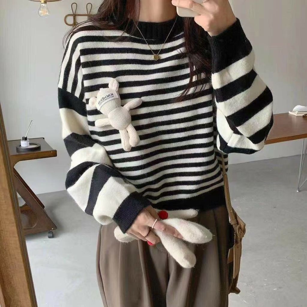 Áo sweater Dệt Kim Cổ Tròn Dáng Rộng Họa Tiết Kẻ Sọc Dễ Thương Thời Trang Mùa Thu Cho Nữ