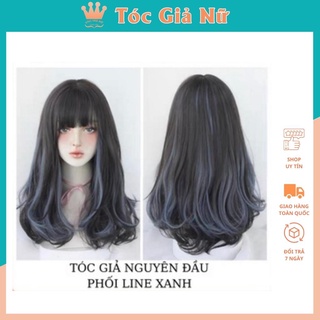 Tóc giả nữ nguyên đầu xoăn lửng phối line xanh coban tặng kèm lưới trùm tóc wig