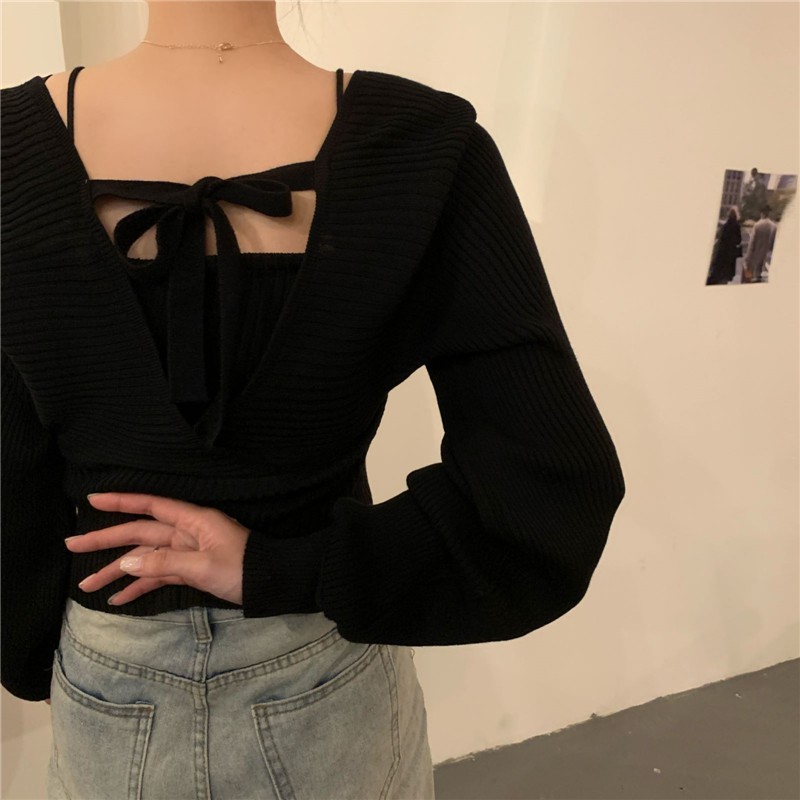Áo sweater tay dài hở vai ôm eo phong cách thời trang Pháp