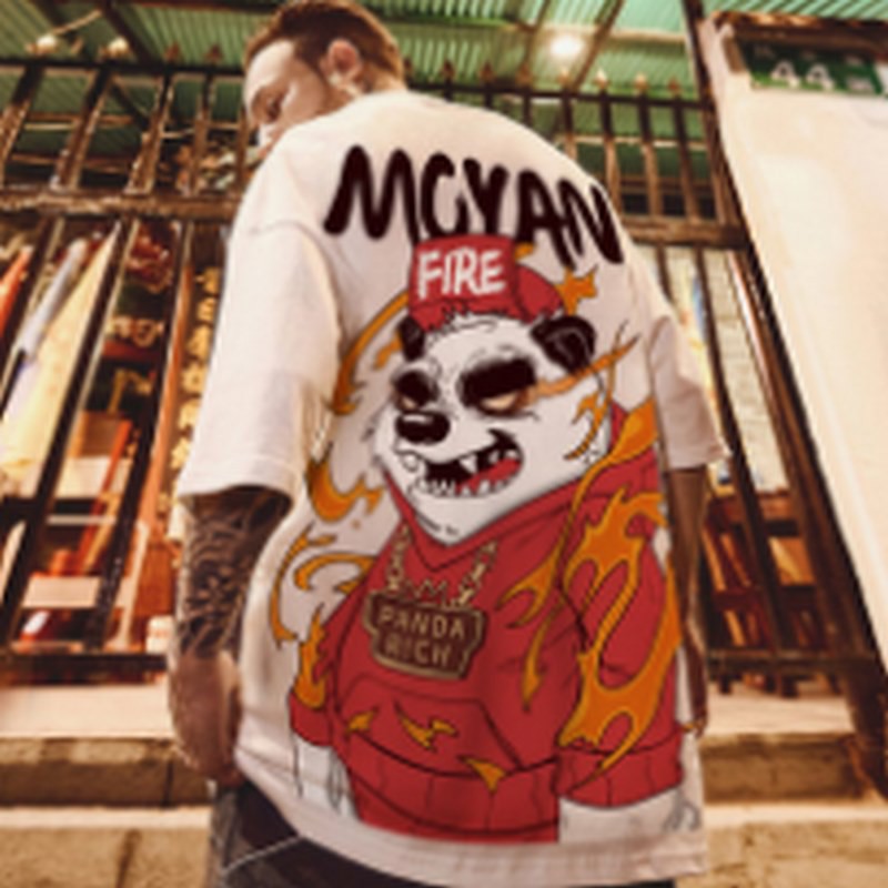 Spot fashion hip-hop T-shirt men's oversized short-sleeved T-shirt flame panda print T-shirt couple tee top