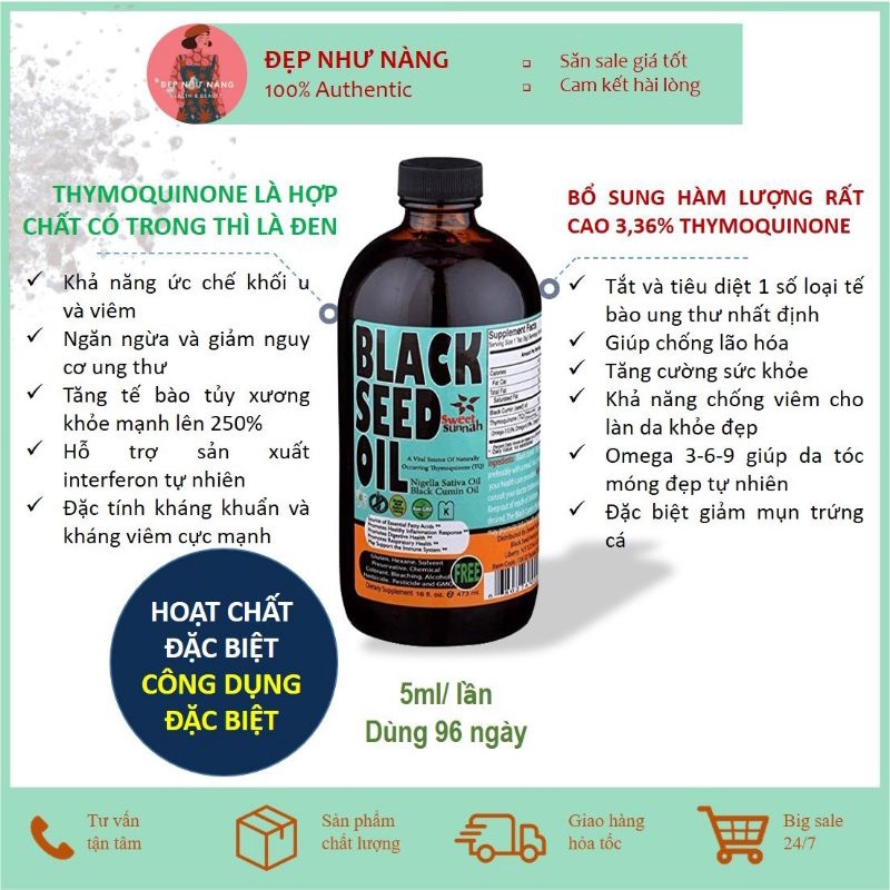 Tinh Chất Dầu Hạt Thì Là Đen Black Seed Oil Ép Lạnh Thymoquinone 3.43% Siêu Hấp Thu 473ml Sweet Sunnah