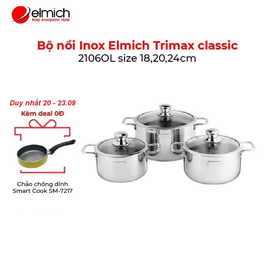 Bộ nồi Inox 3 lớp đáy liền Elmich Trimax classic 2106OL size 18,20,24cm