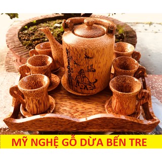 Bộ ấm trà gỗ dừa cao cấp - ấm to - - mỹ nghệ gỗ dừa Bến Tre