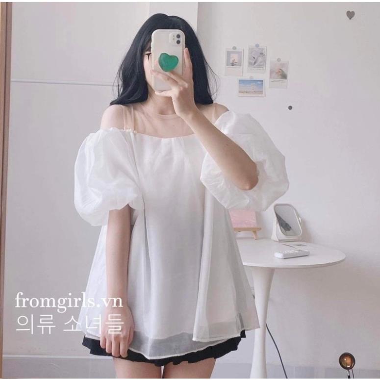 Áo von hở vai đính ngọc tay bồng TC