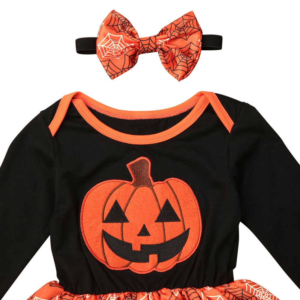 Đầm Tay Dài Hoạ Tiết Bí Ngô Phong Cách Halloween Cho Bé