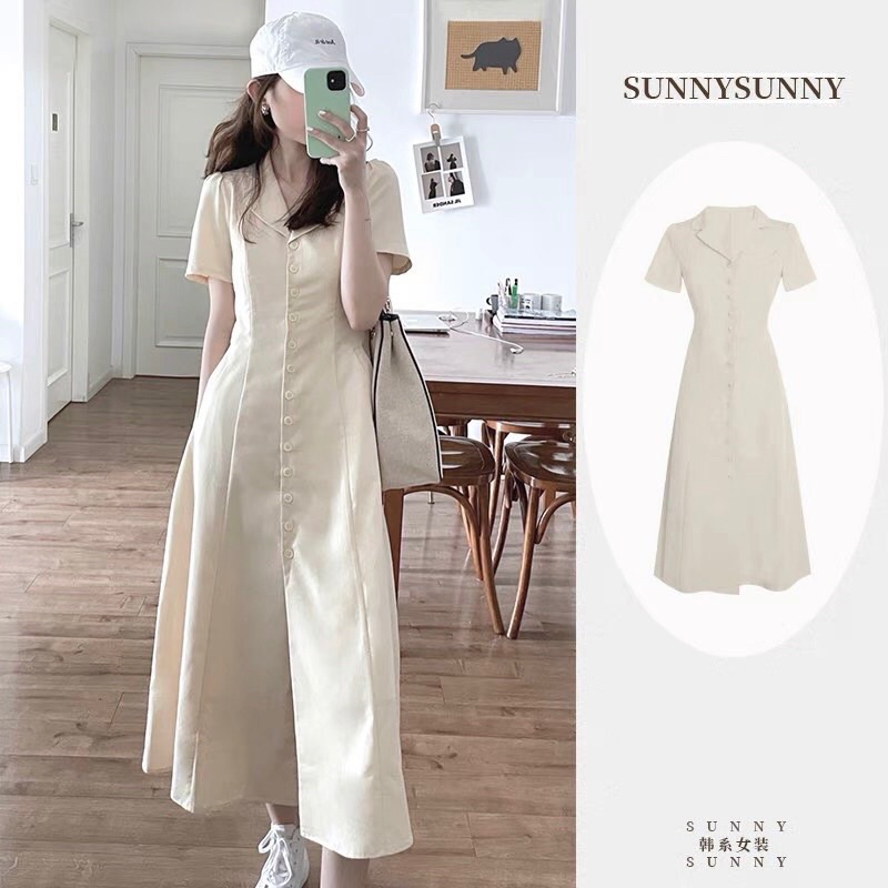 Váy sơ mi nữ dáng dài, thiết kế chất kaki dáng A tay ngắn có túi, đơn giản thanh lịch, cổ vest phong cách lịch sự chất m