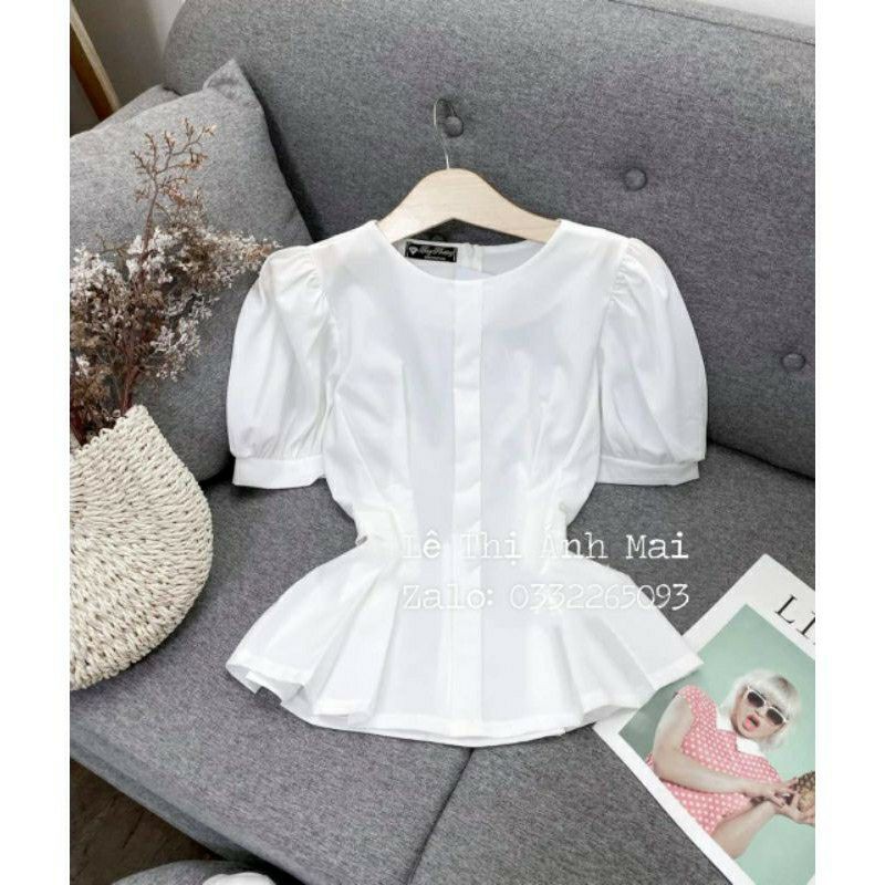 Áo peplum cổ tròn tay phồng