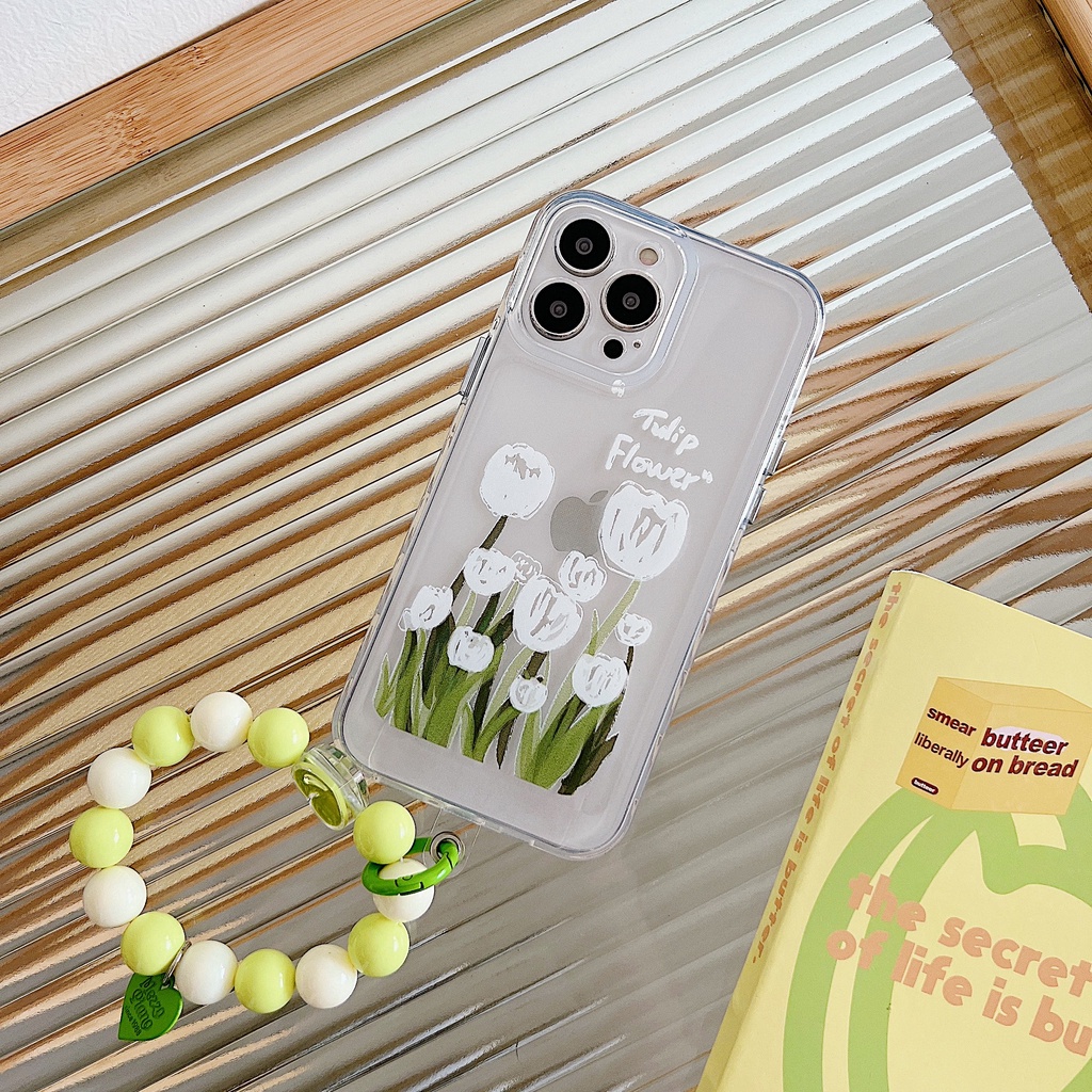 Ốp Điện Thoại Tpu Dẻo Trong Suốt Họa Tiết Hoa Trắng Kèm Dây Đeo Ngọc Trai Sang Trọng Cho iPhone 11 12 13 Pro XS Max XR