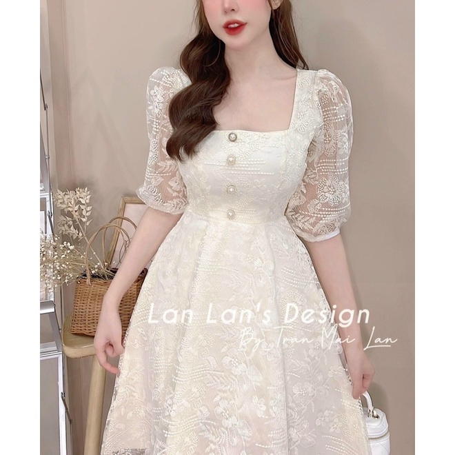 ĐẦM MIDI REN NÚT TAY LỠ