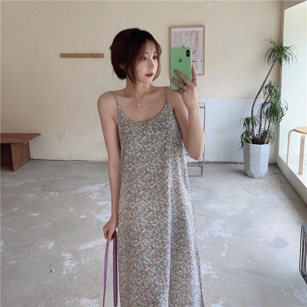 Váy hoa nhí 2 dây MADELA dáng suông phong cách vintage Hàn Quốc, Đầm hai dây suông hoa nhí
