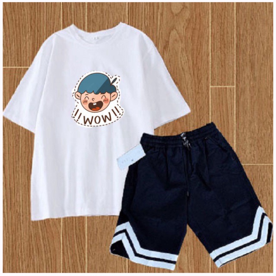Set Áo Phông Sweater Trắng Ngắn Tay WOW Phối Quần Đùi Chữ V Viền Trắng Cá Tính , Năng Động , Sáng Tạo Mặc Mùa Hè