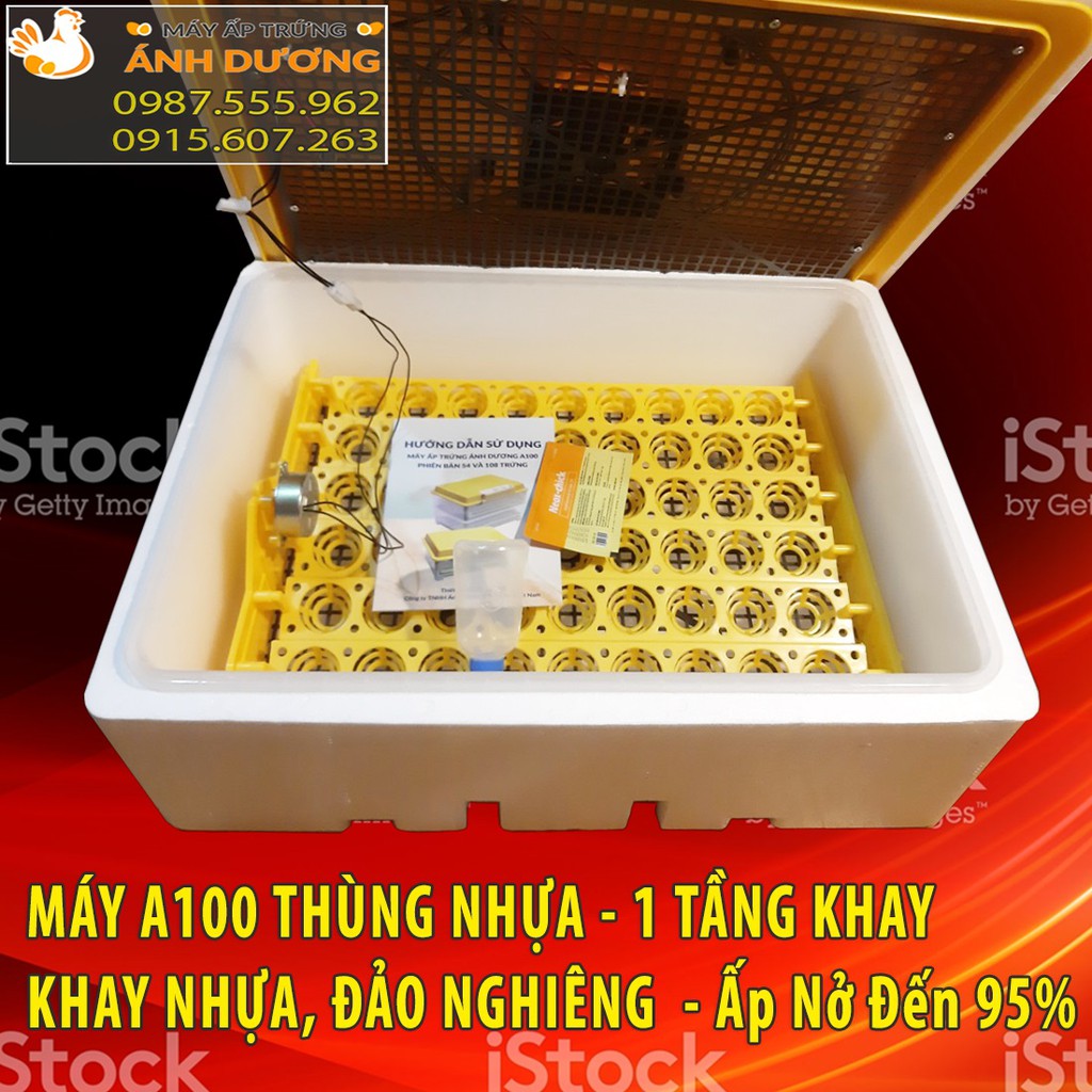 [Hàng Chính Hãng] - Máy ấp trứng Ánh Dương A100 - Ấp tự động 54 trứng - Tặng kém thuốc úm gà+ bình châm nước