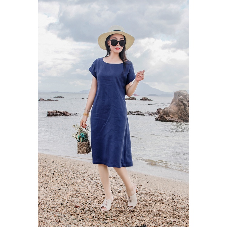 Đầm linen dáng suông dài 1m kèm đai rời, 2 túi chéo chất mềm mát mặc đi chơi, đi làm