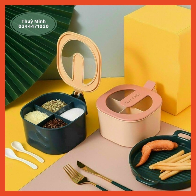 Hộp đựng gia vị 4 ngăn tặng kèm 4 thìa